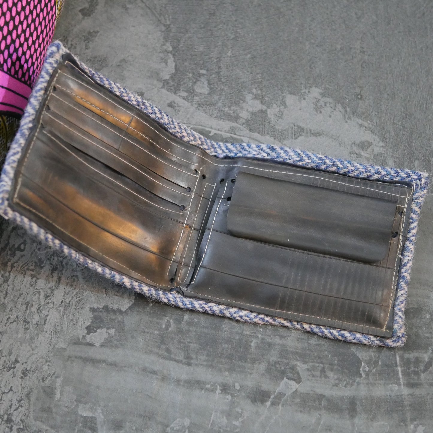 Blue Handmade Bi-Fold Wallet – Upcycled Harris Tweed & Bicycle Inner Tubes
