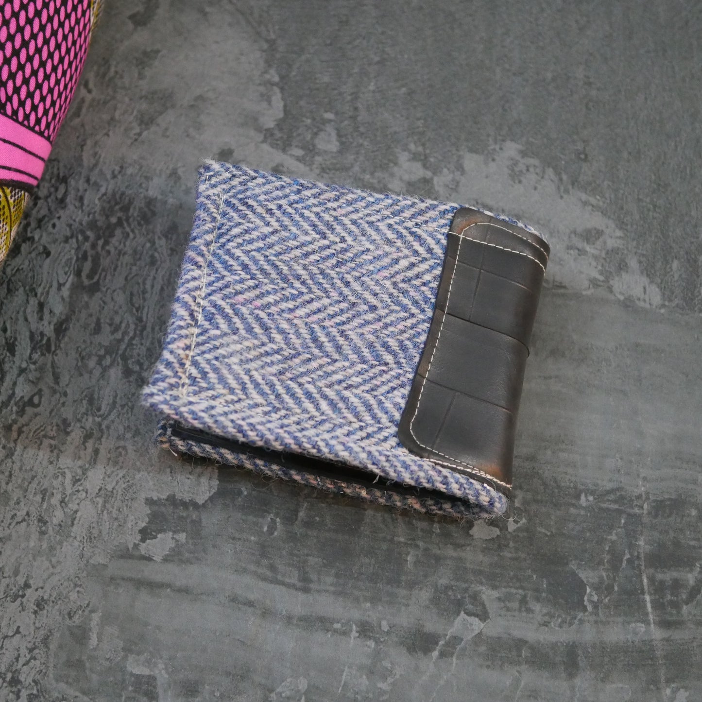 Blue Handmade Bi-Fold Wallet – Upcycled Harris Tweed & Bicycle Inner Tubes