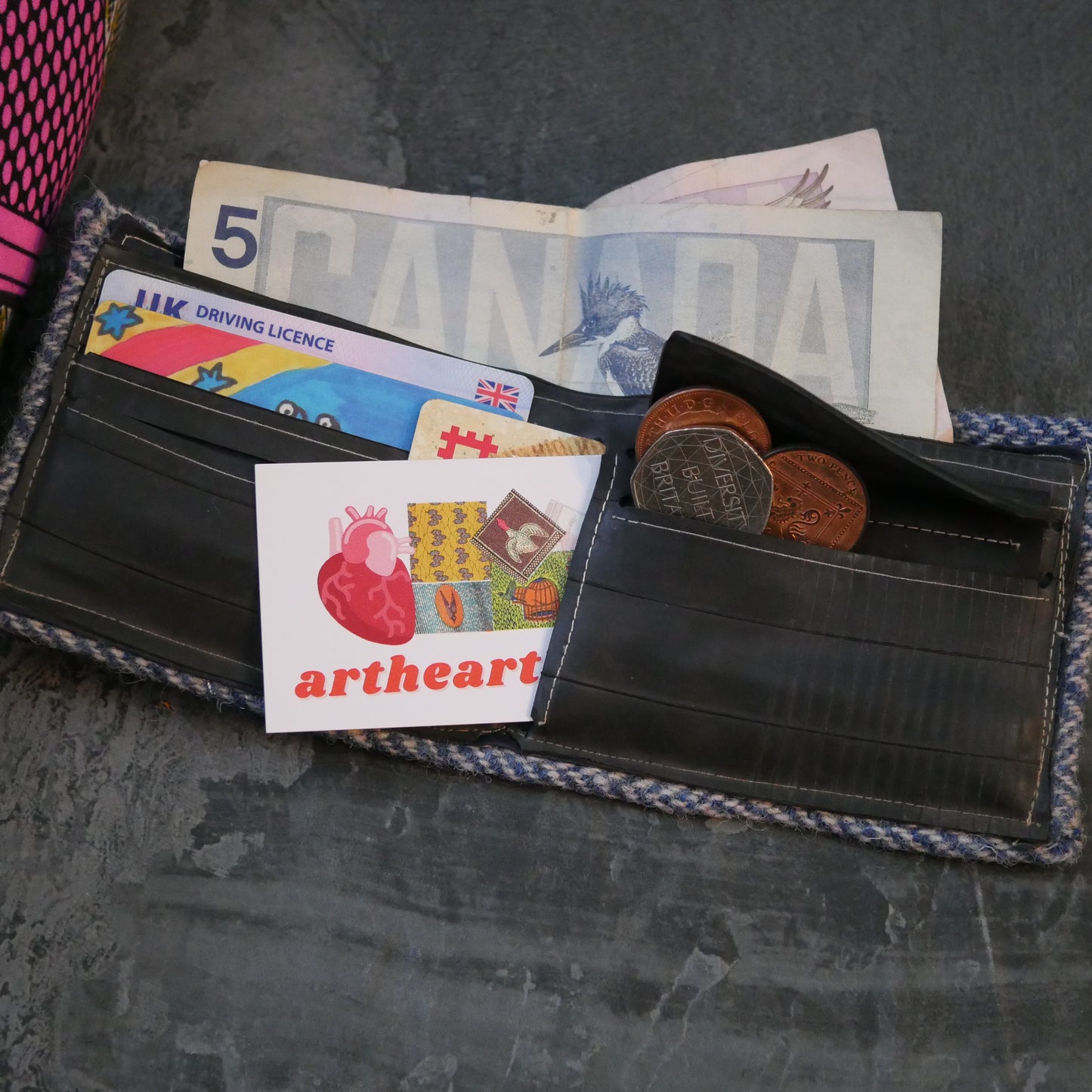 Blue Handmade Bi-Fold Wallet – Upcycled Harris Tweed & Bicycle Inner Tubes