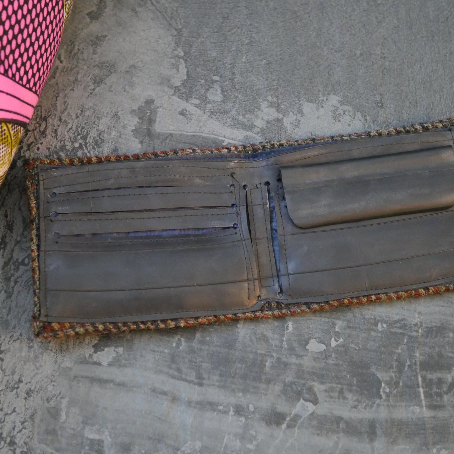 Brown Handmade Bi-Fold Wallet – Upcycled Harris Tweed & Bicycle Inner Tubes