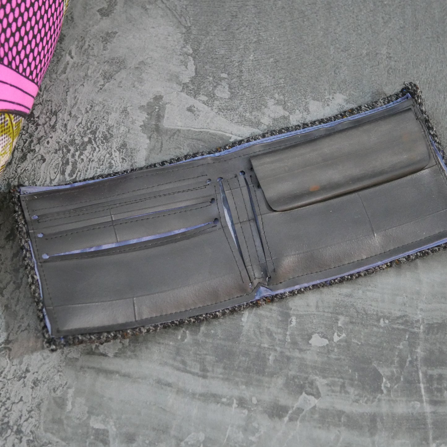 Grey Handmade Bi-Fold Wallet – Upcycled Harris Tweed & Bicycle Inner Tubes