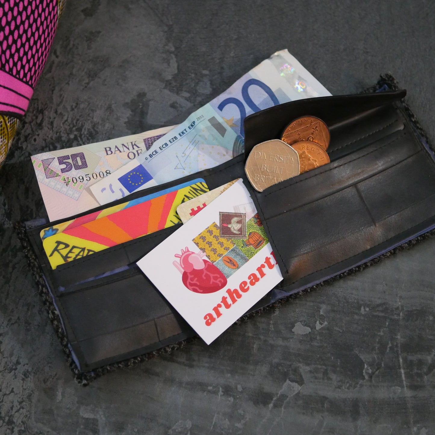 Grey Handmade Bi-Fold Wallet – Upcycled Harris Tweed & Bicycle Inner Tubes