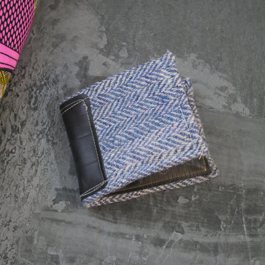 Blue Handmade Bi-Fold Wallet – Upcycled Harris Tweed & Bicycle Inner Tubes